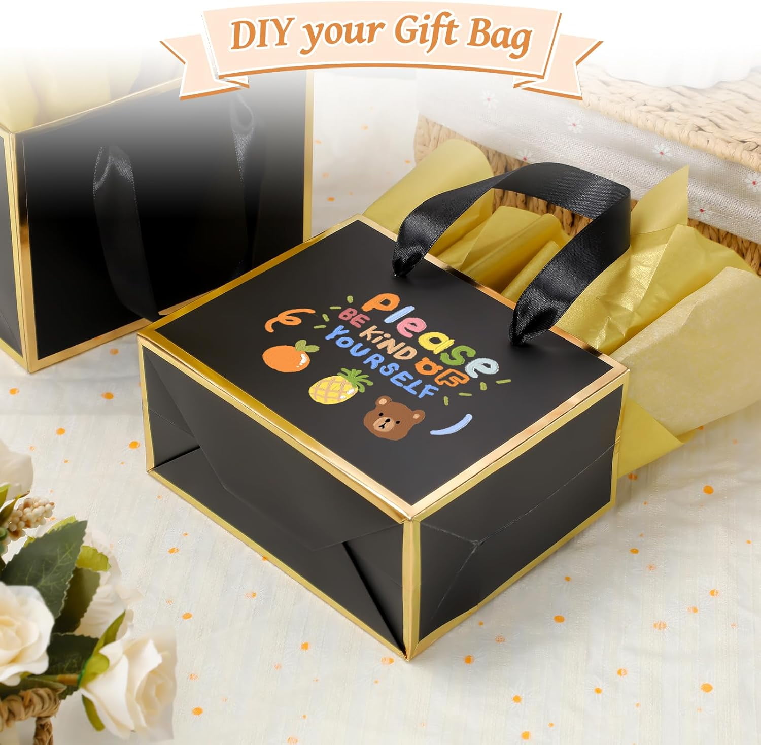30 Pcs Small Metallic Foil Gift Bags with Handles, Black Gold Thank You Favor Bag with Tissue Paper for Back to School Baby Shower Wedding Mother's Day Christmas Party (6.4x3.1x5.1 Inch)