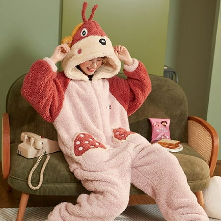 

PIKADINGNIS Thicken Women Onesies Pajamas Flannel Cosplay Animal One Piece Coral Fleece Warm Cartoon Cute Costume Hooded Sleepwear Homewear