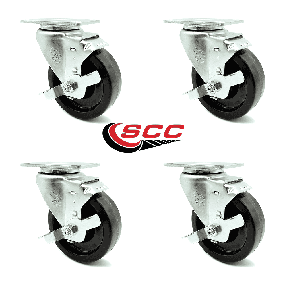 Phenolic Swivel Top Plate Caster w/Roller Bearing Set of 4 w/4" x 1.25