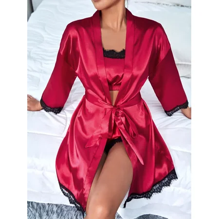 

3 Piece Comfy Satin Lace Trim Pajama Set Long Sleeve Short Robe + Camisole Top + Lounge Shorts Women‘s Loungewear & Sleepwear