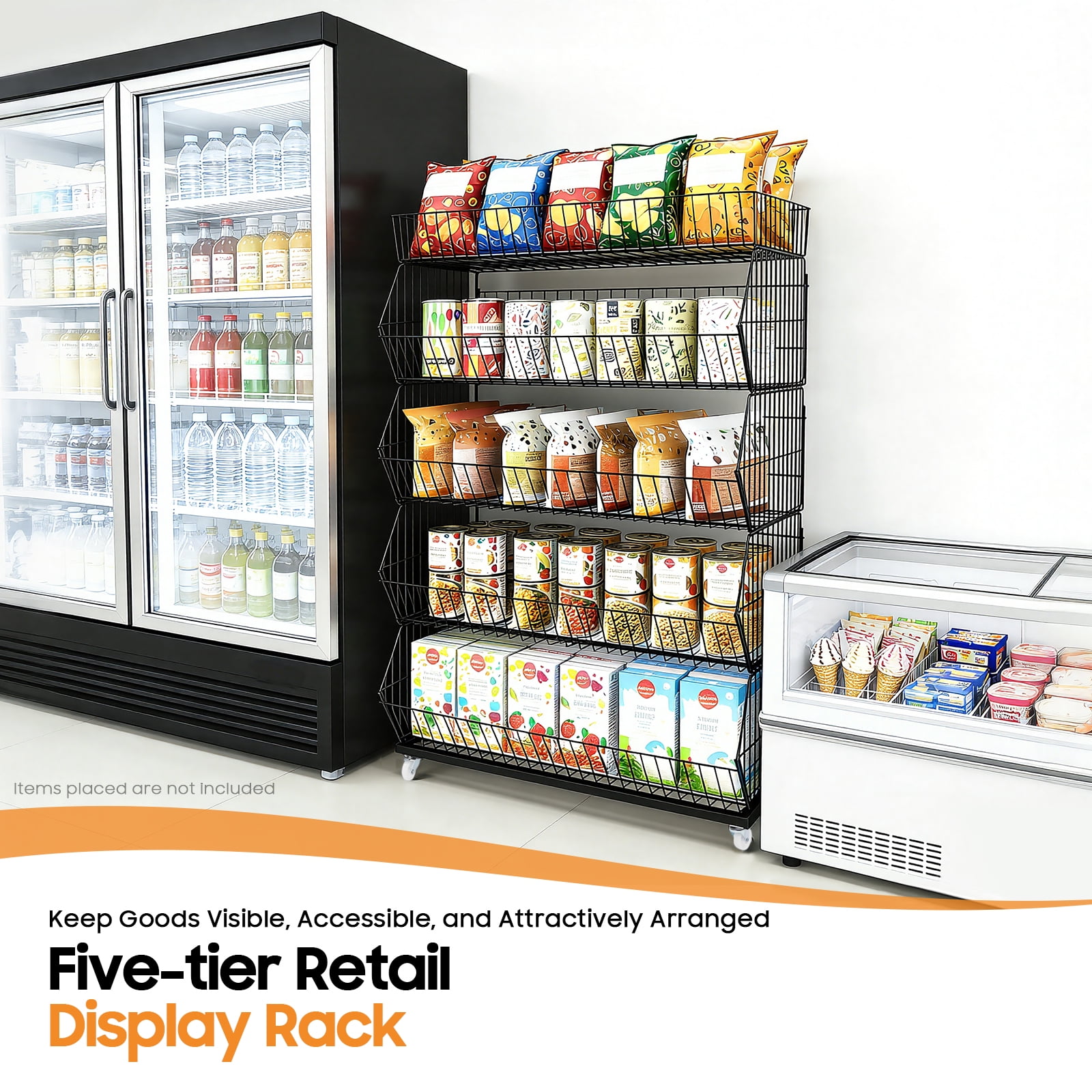 DUYIWAA 5 Layers Retail Display Rack Wire Grid Shelf Fruit Vegetable Snack Storage Basket with 4 Pulleys Black