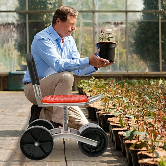 Red Garden Rolling Stool Workseat with 3 Wheels, Stable Sturdy Cart Adjustable Seat Height and Direction for Gardening