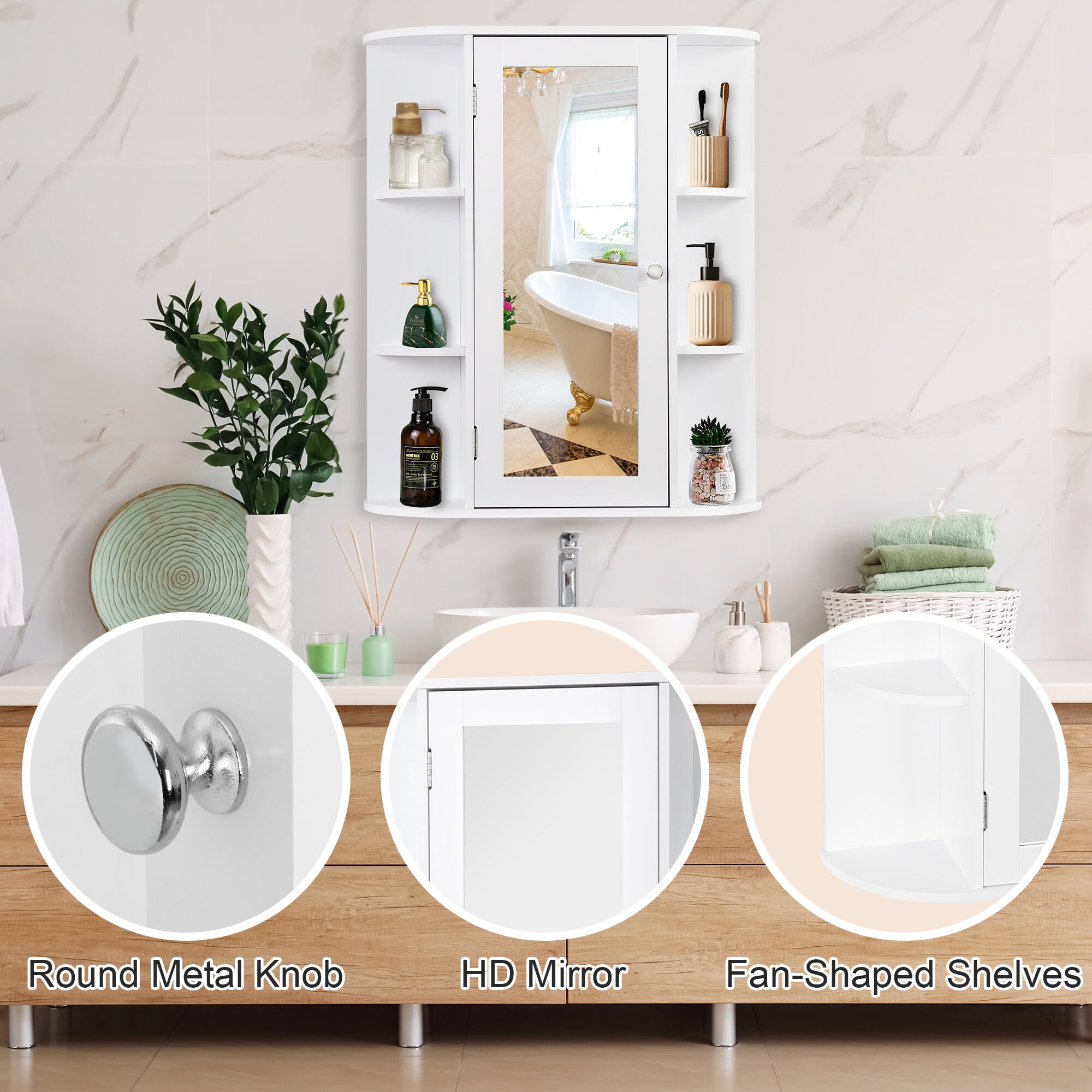 HomGarden Mirror Door Wall-Mount Bathroom Cabinet, Medicine Cupboard White, 6.5 W