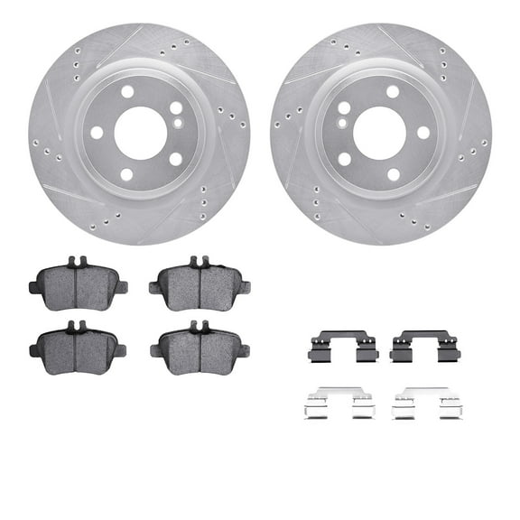 Dynamic Friction Company Rear Brake Rotors-Drilled and Slotted-Silver with 5000 Euro Ceramic Brake Pads includes Hardware 7612-63094