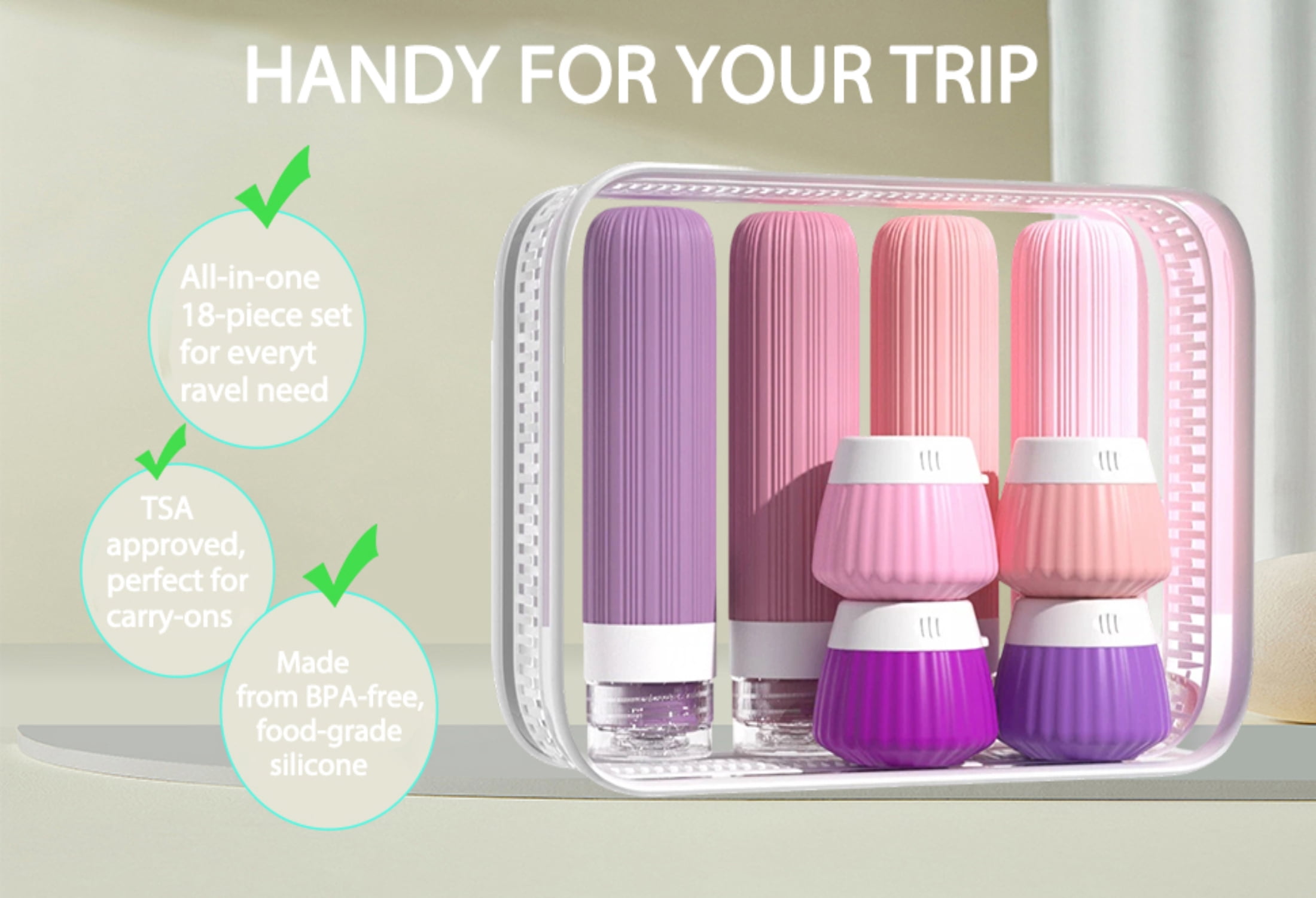 QEQEKAKA Travel Bottles 18 Pack, TSA Approved Leak Proof, BPA Free Silicone Squeezable Containers