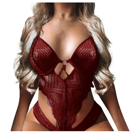 

DENGDENG Womens Plus Size Sexy Lingerie Sexy One Piece Bodysuit Snap Crotch Lace Teddy Hollow Out Babydoll 3X