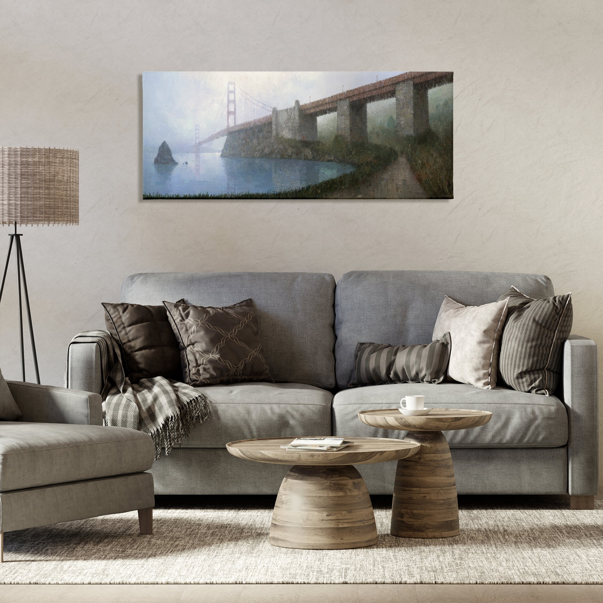 Stupell Industries Bridge over Misty Waters Buildings & Architecture Painting Wrapped Canvas Art Print Wall Art, 48 x 20