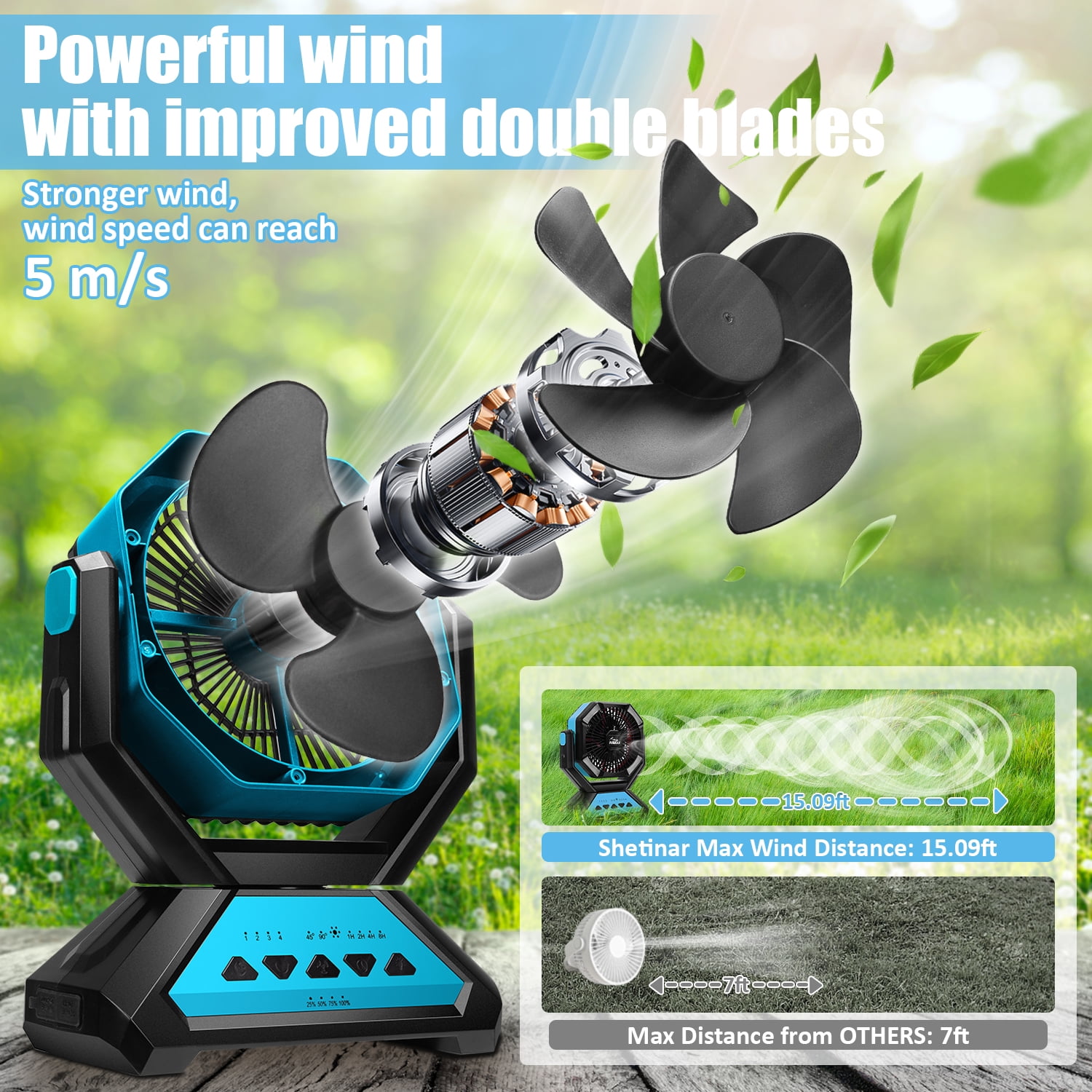SHETINAR 20000mAh Rechargeable Fan Battery Powered Fan 4-Speed Tabletop Fan with Charging, Hooks, Timer, Portable Fan for Office,Bedroom,Outdoor,Power Outage,Hurricane,Travel.Blue