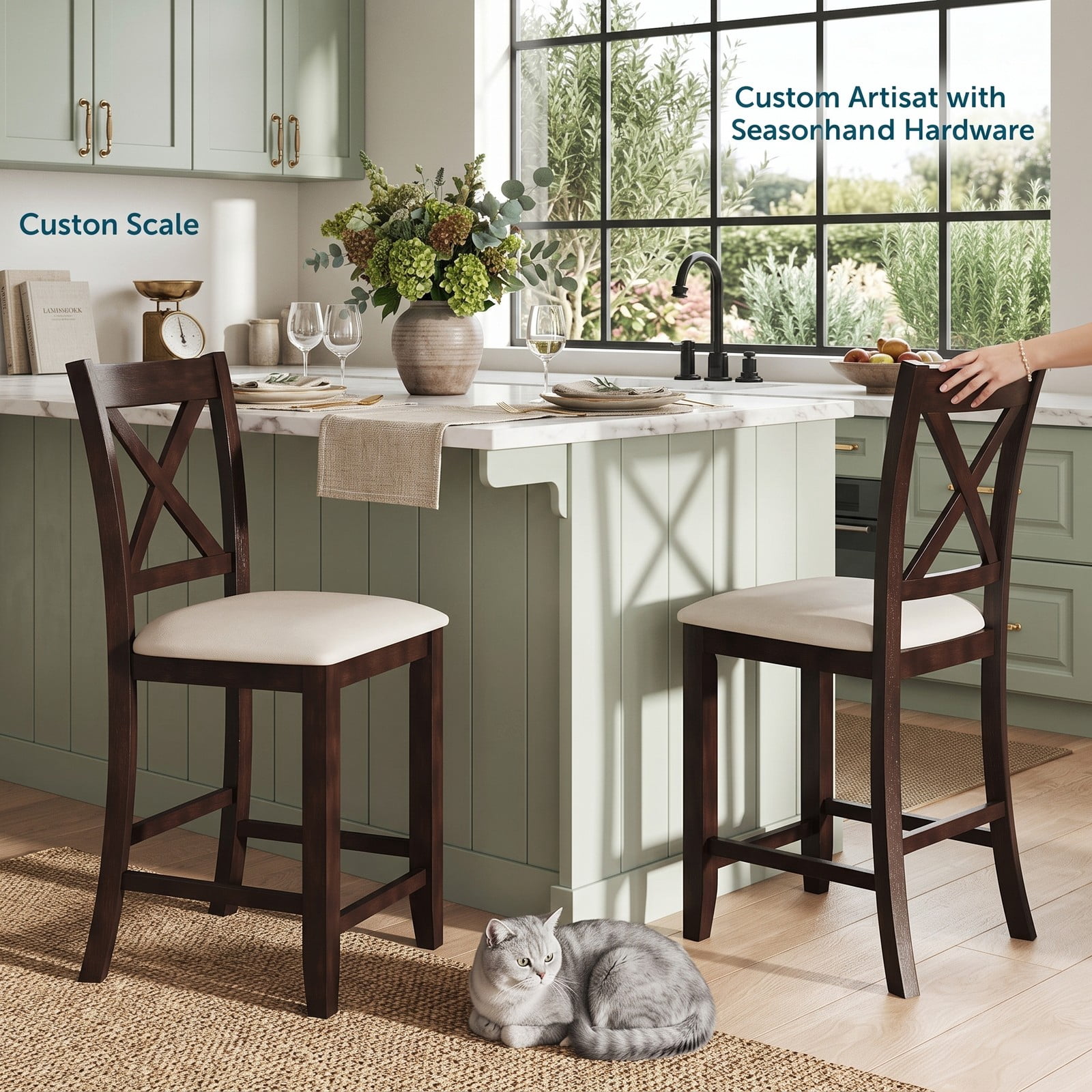 Furnibear Modern Farmhouse Counter Height Bar Stools Set of 2 with Footrest, Curved Slatted Back and Linen Cushioned Seat, 24 Inch Rubber Wood, Walnut and White