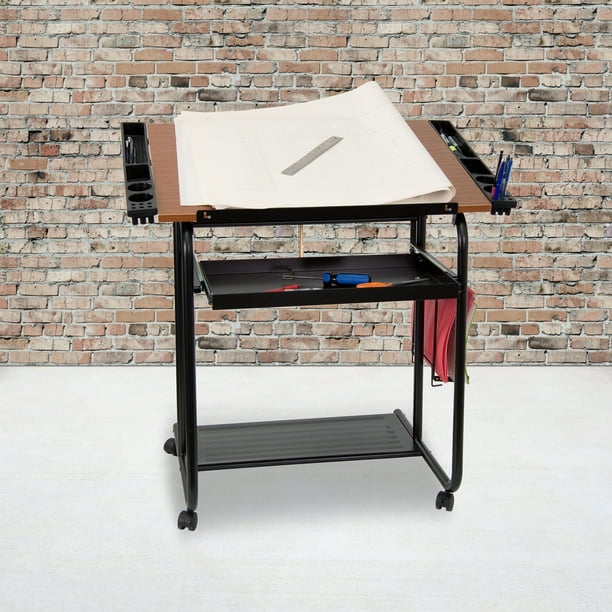 Adjustable Drawing And Drafting Table With Black Frame And Dual Wheel