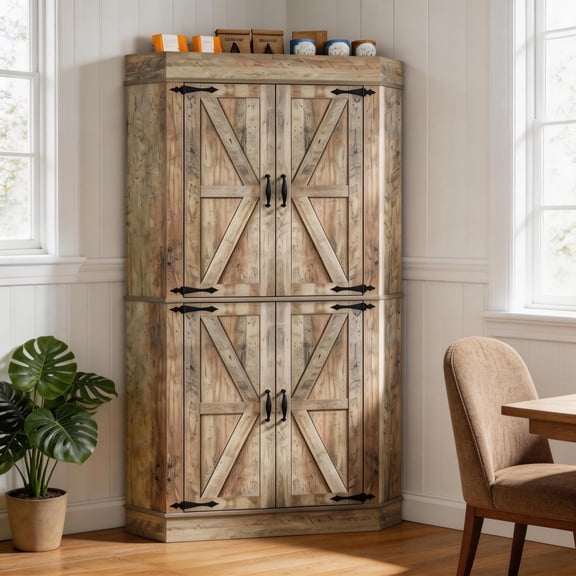 Farmhouse 71"Tall Corner Bar Cabinet,Heavy Duty Corner Kitchen Pantry Cabinet with 4 Doors&Shelves,Freestanding L Shape kitchen Hutch Storage Pantries with Side Rack for Dining Room