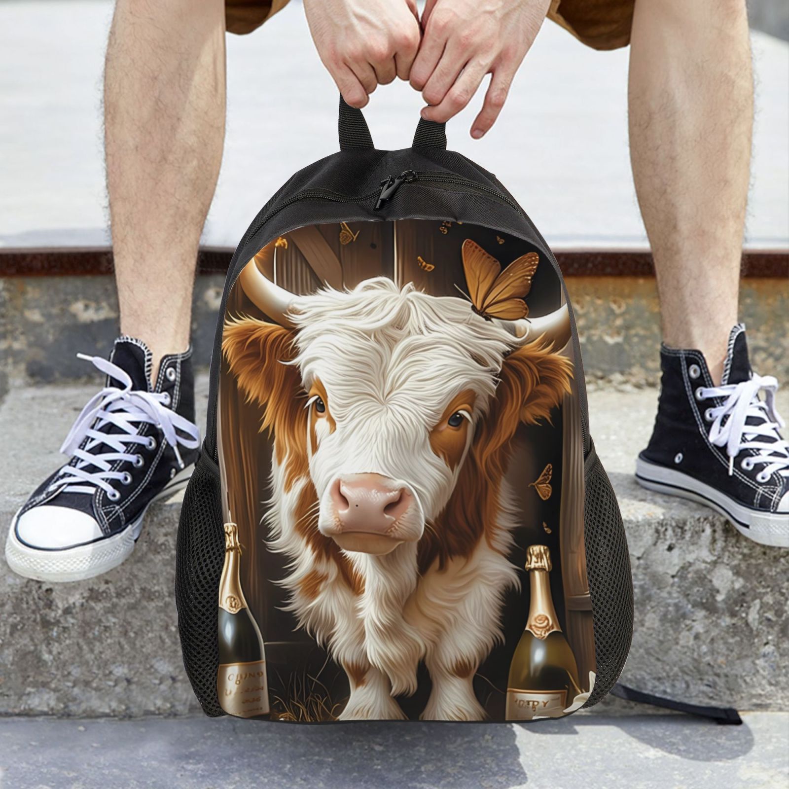 Xecao Rustic Cow Butterflies Champagne Print School Backpack with Laptop Compartment Small Travel Laptop Backpack for Women Men Waterproof College Backpack Simple School Bag
