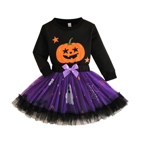 BOOMNY Halloween Girls 2 Peice Outfit Sets Hallowmas Pumpkin Graphic Long Sleeve Tops Mesh Tulle Skirts Sets for Kids Playful Clothing Set