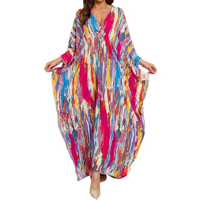 SHIXIAOO Robes Kaftan pour Femmes Grande Taille Col en V Manches Chauve-Souris Couverture de Plage Robe d'Été Imprimée Florale Couvertures Grande Taille pour Maillots de Bain Femmes 3x Couverture de Maillot de Bain Ouverte pour Femmes Filles Taille 12