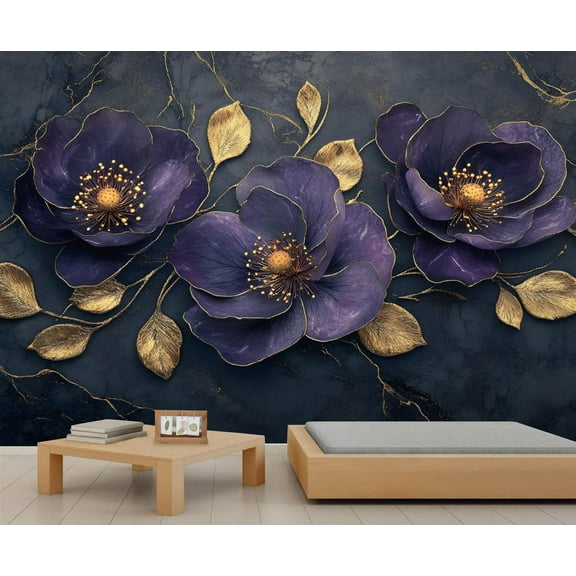 Elegant Violet Flowers Mural Wallpaper, Luxury Golden Leaves Wall Mural, Marble 3D Murals, Nordic Modern Luxury Marble Large Wallpaper For Living Room Bedroom 55"W x 28"H (Not Peel and Stick)