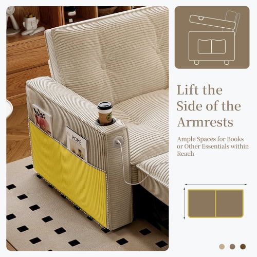 73" 2-in-1 Convertible Sofa Bed, Corduroy Two-Seater Sleeper Sofa with Pull-Out Guest Bed, Steel Frame, for Living Room, Bedroom, Apartment & Dorm, White
