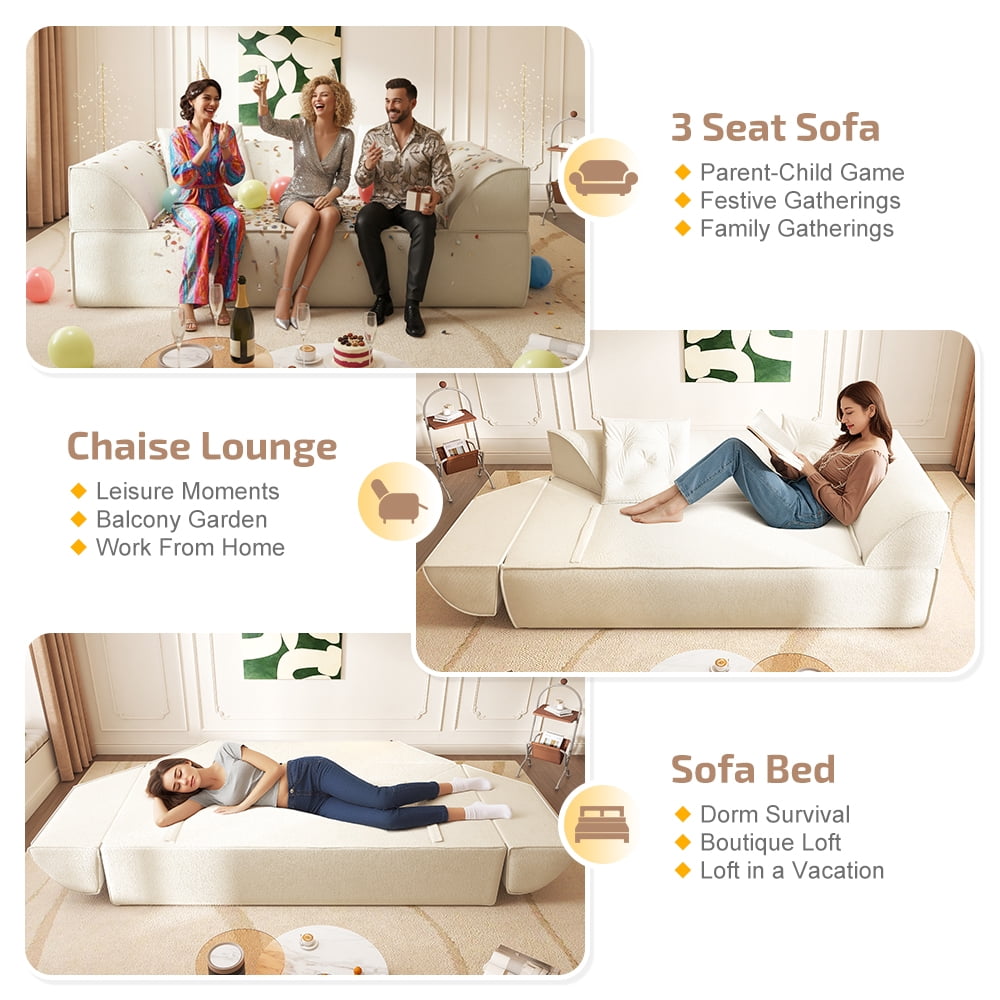 Avobird 3 in 1 Convertible Sofa Bed, 79.5" Modern Deep Seat Couch with 2 Pillows, Sparkling Chenille Fabric Sofa,Chaise Lounge for Living Room/Office, Beige
