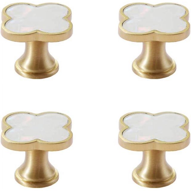 RV Pomos de trébol de latón macizo de 1,3 pulgadas, pomos para gabinete de baño, tiradores de cocina decorados de nácar, pomos y tiradores de cajones de oro cepillado (4, blanco) oso de fresa Electrónica