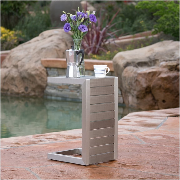 JERFIT Modern Outdoor C-Shaped Side Table, Silver Aluminum Patio End Table for Lounge Chair, Minimalist Accent Table for Pool, Deck, Garden