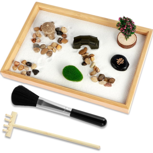 Vensio DIY Zen Garden Kit for Office Desk Reusable Mini Sand Box with Rake and Bridge for Stress Relief