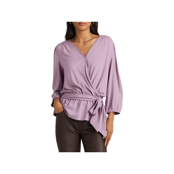 RALPH LAUREN Womens Purple Ruched Tie Elastic Cuffs Hook And Eye Front Blouson Sleeve Surplice Neckline Peplum Top M