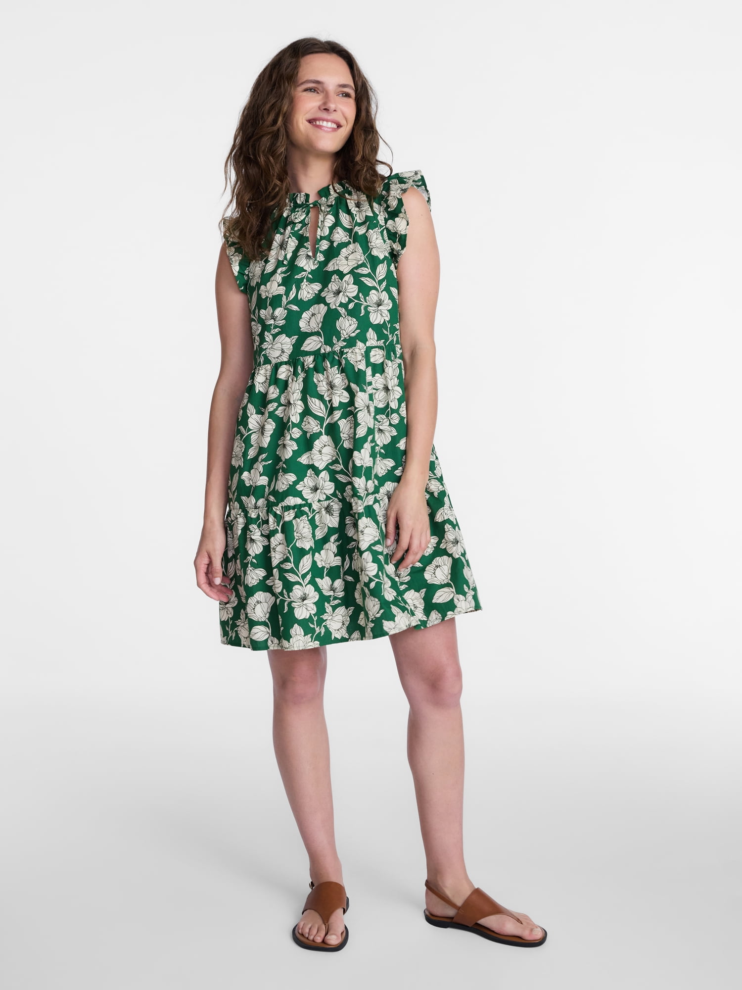 Time and Tru Women's and Women's Plus Tiered Cotton Mini Dress with Flutter Sleeves, Sizes XS-4X