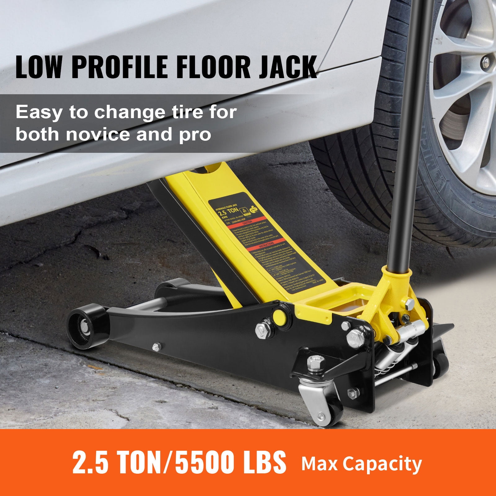 KFFKFF Low Profile Floor Jack,2.5 Ton (5500 lbs) Slim Profile, Durable Steel Race Car Jack, Dual Piston Rapid Pump,Lifting Range 3.64"-19.49"