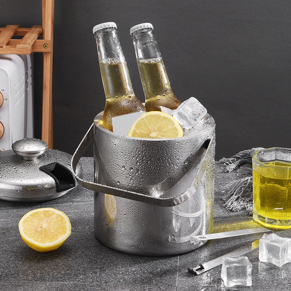 Ice Bucket with Lid and Strainer Well Made Insulated Stainless Steel