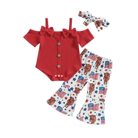 

Wassery Toddler Baby Girls 4th Fourth of July Outfits 0-3T Infant 3pcs Summer Cold Shoulder Short Sleeves Button Romper Flare Pants Headband Independence Day Clothes Set