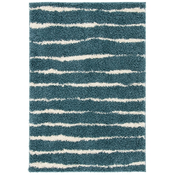 SAFAVIEH Venus Sophie Striped Shag Area Rug, Ivory/Turquoise, 9' x 12'