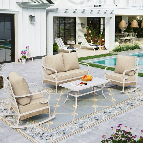 Sophia&William 4 Piece Patio Conversation Set Outdoor Furniture Loveseat Sofa Set with Table, Beige