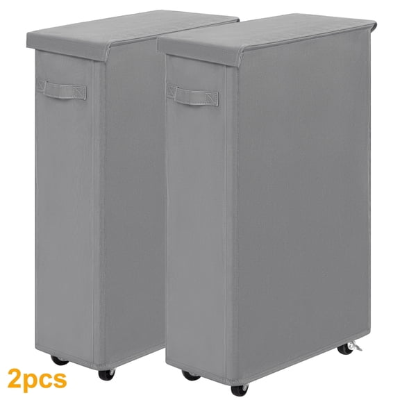 BGTREND 2pcs 28'' Tall & Slim Laundry Hamper with Lid and Wheels Narrow Laundry Basket Collapsible Dirty Clothes Hamper Portable Laundry Storage Bin Oxford (65L, Gray)