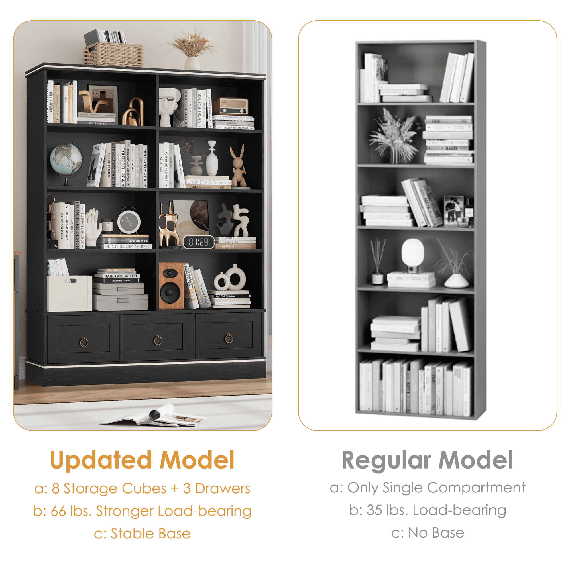 Homfa Tall Bookshelf with Drawers, Double Row 8 Cube 47'' Wide Bookcase for Living Room Office Small Space, Black