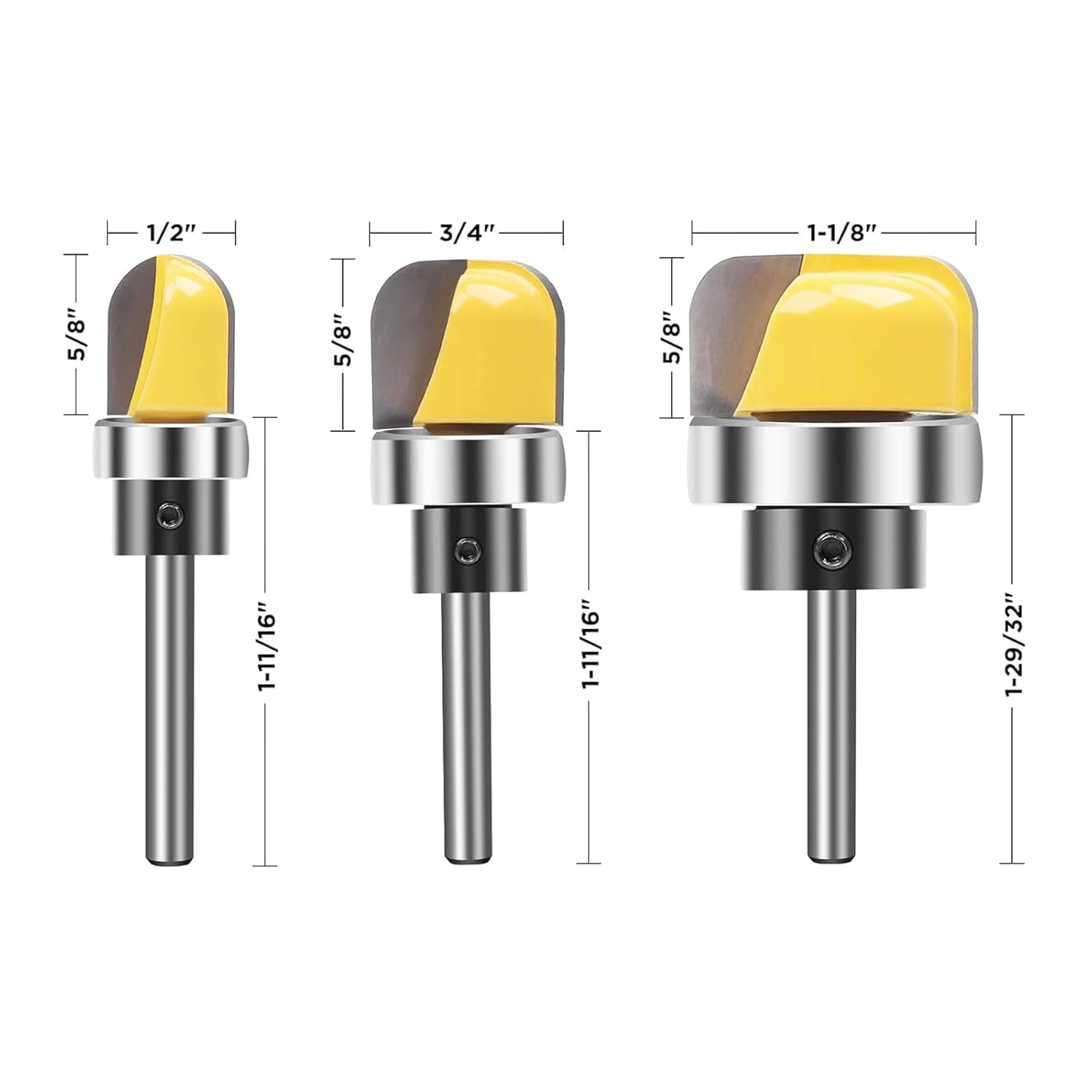 ABCISI Dish Carving Router Bits, 3Pcs 1/4 Inch Shank Bowl and Tray Template Router Bit Set with Ball Bearing, Wood Cutter Designed for Woodworkers (D: 1/2'', 3/4'', 1-1/8'')