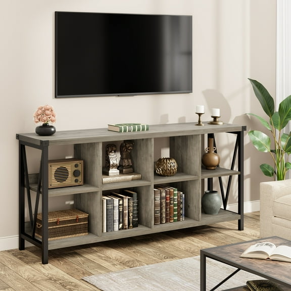 62" Industrial 8-Cube Storage Shelf, 3-Tier Metal Bookcase Console for Living Room & Entryway