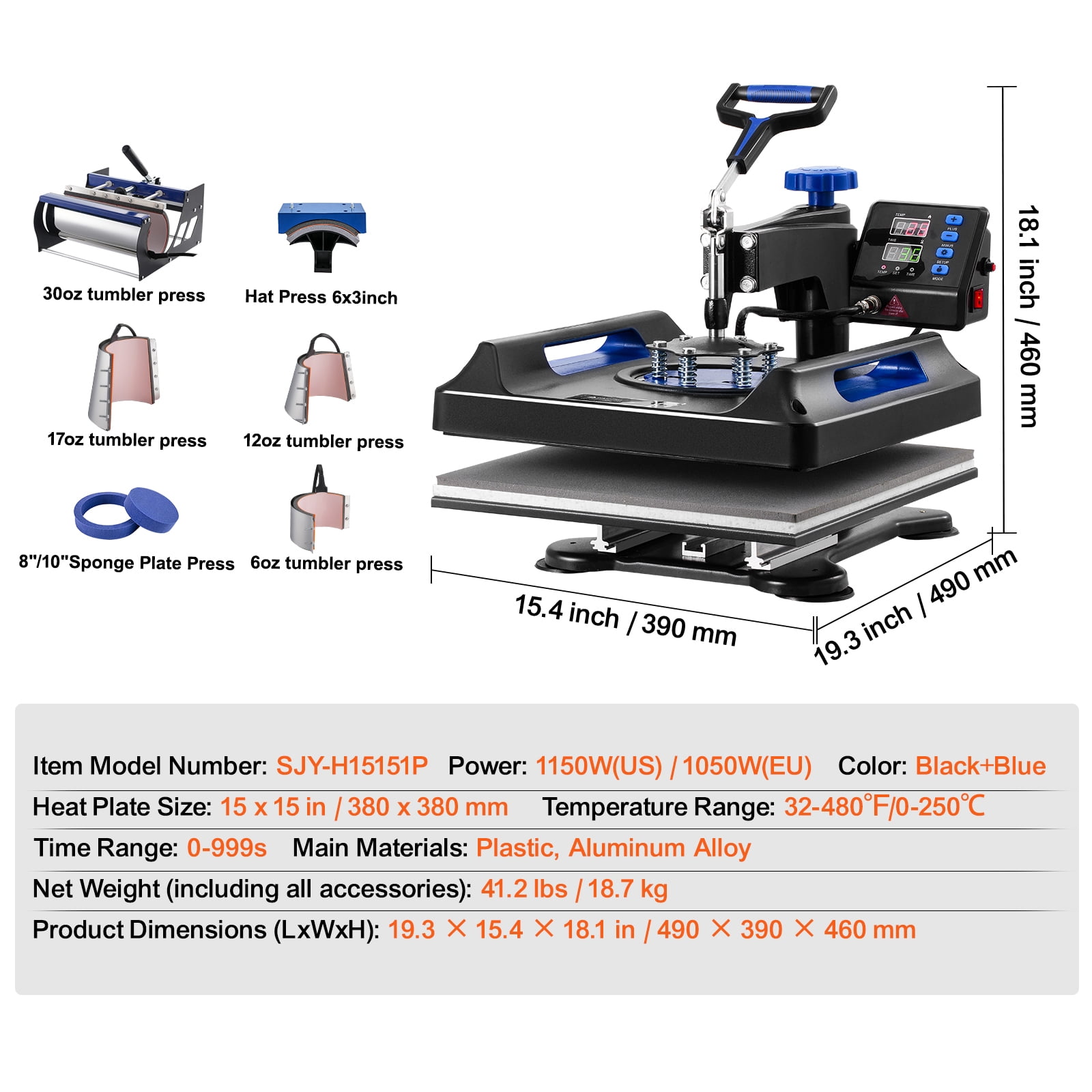 KFFKFF Heat Press, 15x15 inch, 8-in-1 Transfer Kit with 30 oz Cup Press, 360° Rotating Digital T-Shirt Printer, Teflon Finish, for Apparel/Mugs/Caps/Dishes, Black & Blue