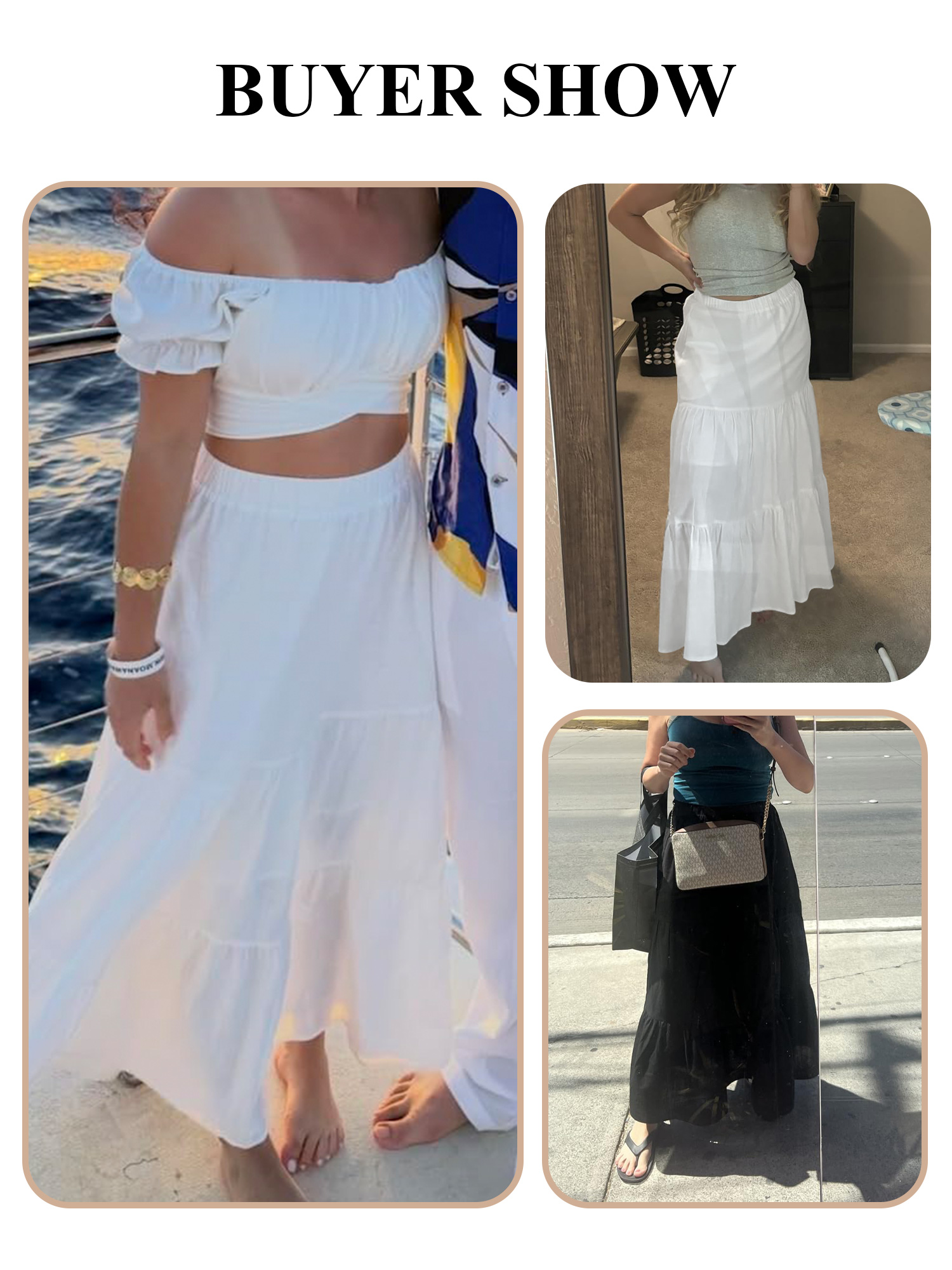 TEMOFON Midi Pleated Skirts for Women with Lining Elastic High Waist with Pockets Maxi A Line Linen Summer Clothes Trendy Flowy White M