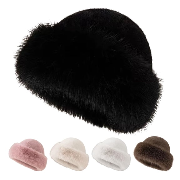 Womens Winter Faux Fur Bucket Hat, 2026 New Warm Faux Mink Plush Hat Fluffy Fisherman Fuzzy Bucket Hat(Black)