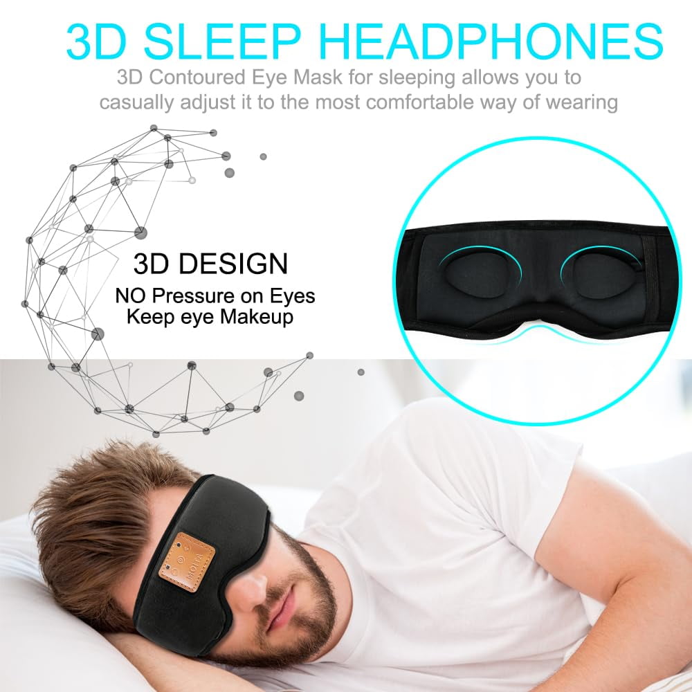 Sleep Headphones Bluetooth Sleep Mask, 3D Sleeping Eye Mask with Built-in Sponge Speakers, Wireless Bluetooth Headphones Sleep Mask for Sleeping, Napping, Travelling, Yoga, Meditation (Black)