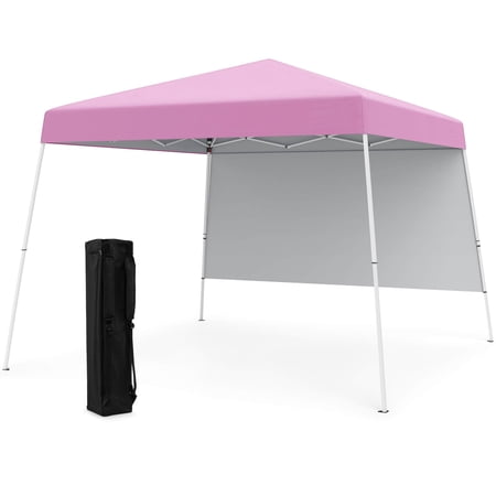 Costway 10 X 10FT Pop up Canopy Tent with 1 Sidewall Portable Backpack 4 Stakes Slant Leg Pink