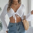 thumbnail image 7 of STETMN Women's Crochet Cardigan Casual Bell Long Sleeve Crop Tops Tie Front Beach Hollow Out Shrug Shirt, 7 of 7