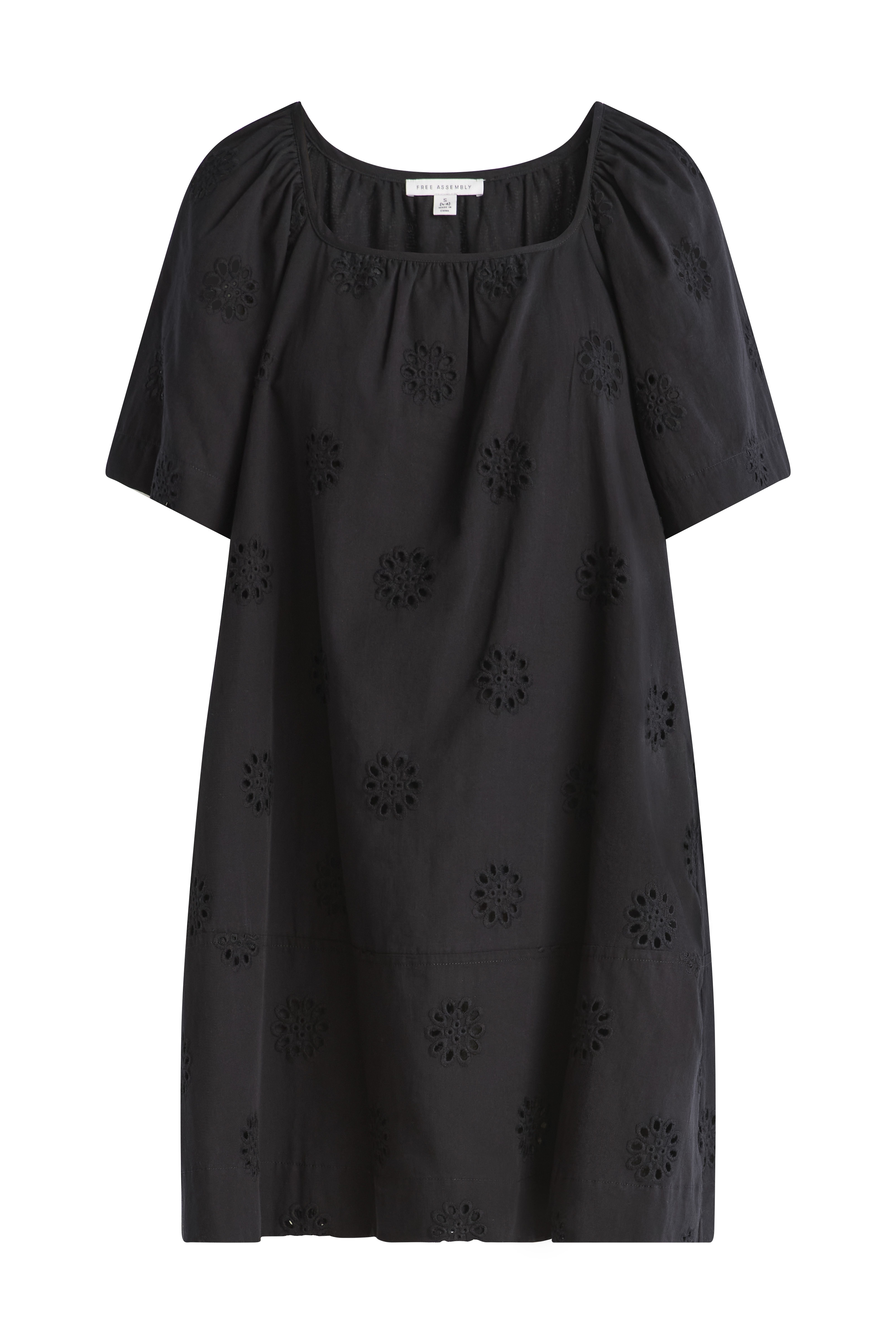 Free Assembly Women's Square Neck Eyelet Mini Dress with Short Sleeves, Sizes XS-XXL