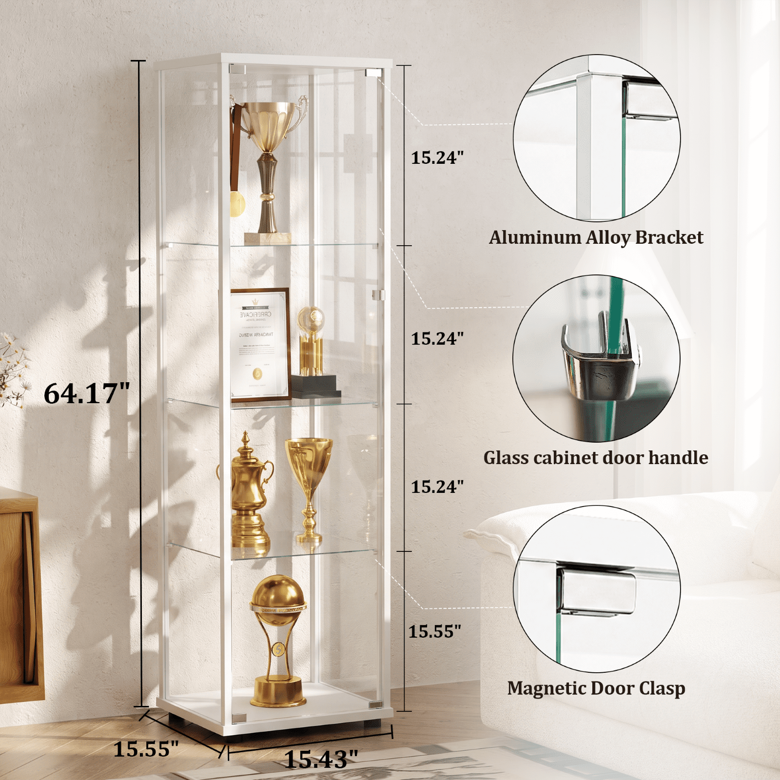 Gleamira 4-Shelf Glass Display Cabinet Freestanding Curio Cabinet with Aluminum Frame Single Glass Door, White