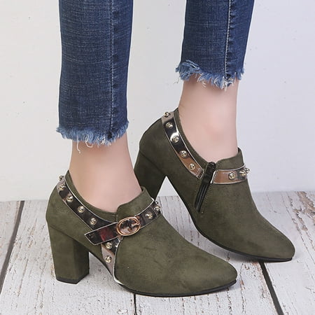 

Women Shoes Mid Heel Casual Fashion Suede Solid Color Pointed Zip Ankle Boots