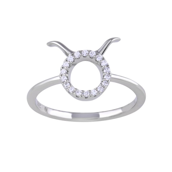 Rhodium Plated 925 Sterling Silver Taurus Clear CZ Zodiac Sign Ring White Jewelry Female Size 9