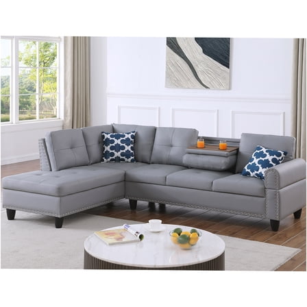 JERFIT Modern Faux Leather L-Shaped Sectional Sofa with Chaise, Gray Upholstered Fabric Couch for Living Room