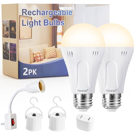 2 Pack Rechargeable Light Bulbs,1200mAh Battery Backup Light Bulb for Emergency Use，A19 E26 Emergency Light Bulbs for Power Outage 9W 3000K Warm Self-Charging Bulb for Hurricane Outdoor Camping Hikin