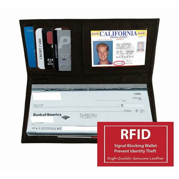 Black Genuine Leather Standard Checkbook Cover Long Wallet Credit Card Holder Men Women