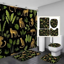 4PCS Leopard Shower Curtain Sets with Rugs, Waterproof Fabric Pink Shower Curtain, African Wild Animal Cheetah Safari Wildlife Tropical Jungle Plant Palm Leaves Botanical Boho Bathroom Decor