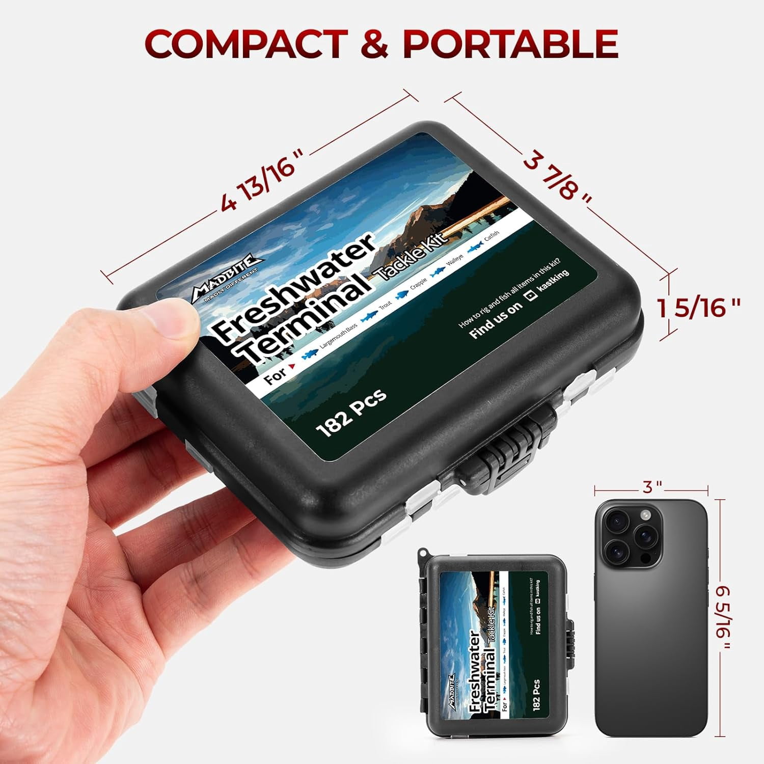 MadBite by KastKing 182pcs Compact Fishing Tackle Kit - Freshwater Hooks, Weights, Bobbers in Tackle Box, Fishing Gear Set
